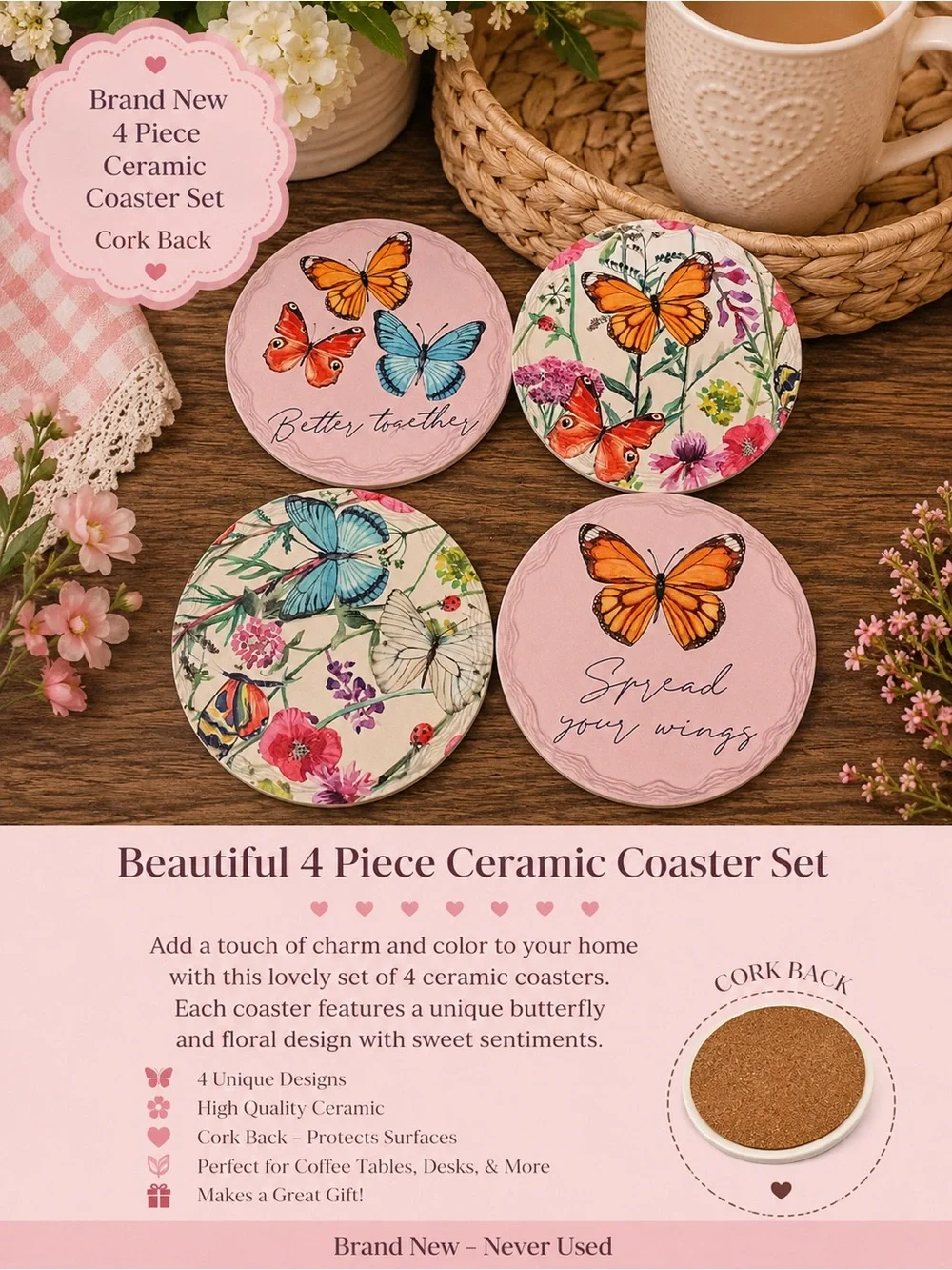 Source Unknown Pink & Orange Butterfly Ceramic Coaster Set - 4 Piece